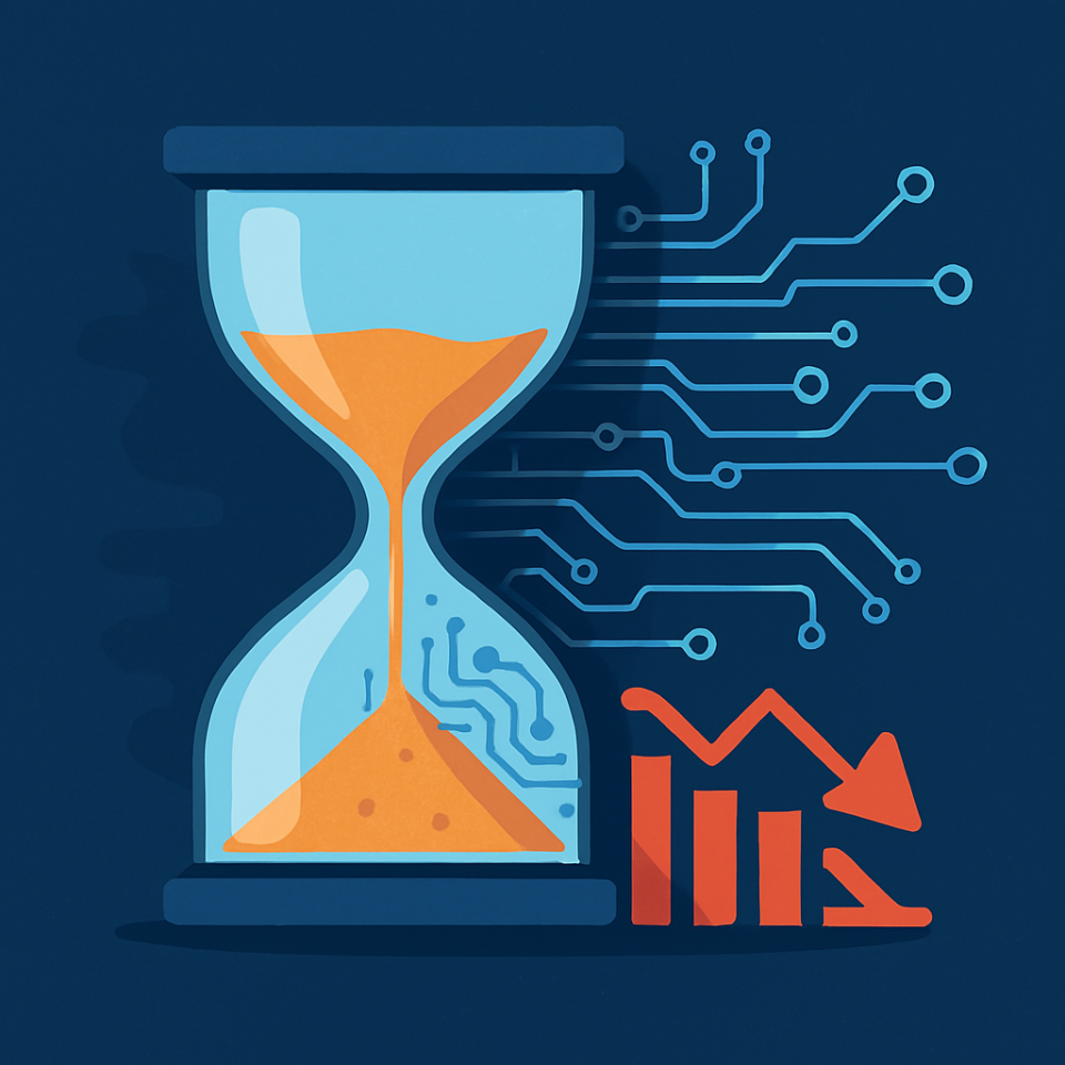 An hourglass blending into digital circuits, symbolizing time running out on outdated systems